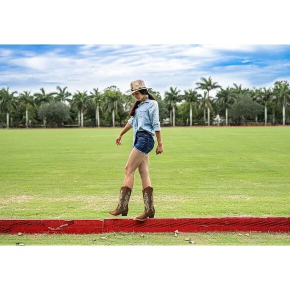 Women Brown Synthetic Western Boots Ladies Pointy Toe Fashion