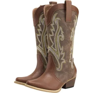 Women Brown Synthetic Western Boots Ladies Pointy Toe Fashion