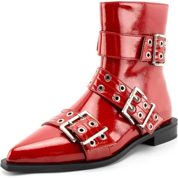 🆕Women Red Ankle Wide Buckle Boots Pointed Toe Low Heel Boot Pull Fashion Boots