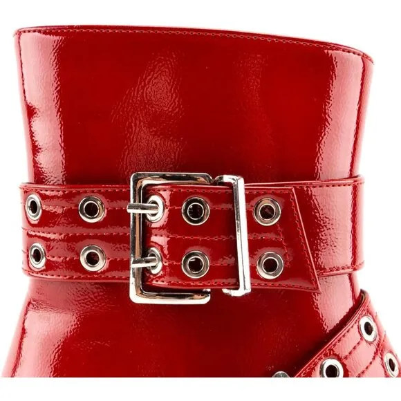 🆕Women Red Ankle Wide Buckle Boots Pointed Toe Low Heel Boot Pull Fashion Boots
