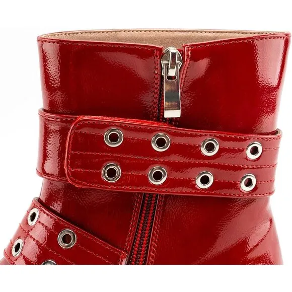 🆕Women Red Ankle Wide Buckle Boots Pointed Toe Low Heel Boot Pull Fashion Boots