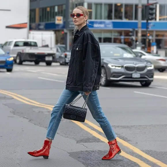 🆕Women Red Ankle Wide Buckle Boots Pointed Toe Low Heel Boot Pull Fashion Boots