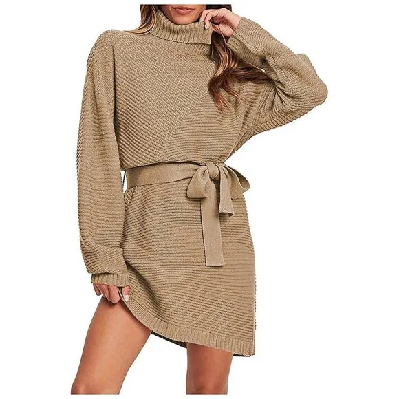 Women's 2024 Fall Sweater Dresses Turtleneck Batwing Khaki