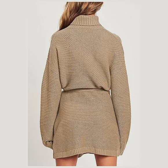 Women's 2024 Fall Sweater Dresses Turtleneck Batwing Khaki