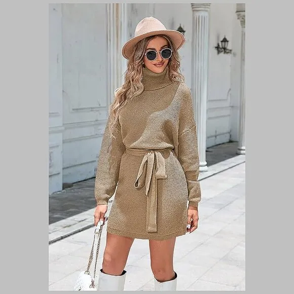 Women's 2024 Fall Sweater Dresses Turtleneck Batwing Khaki
