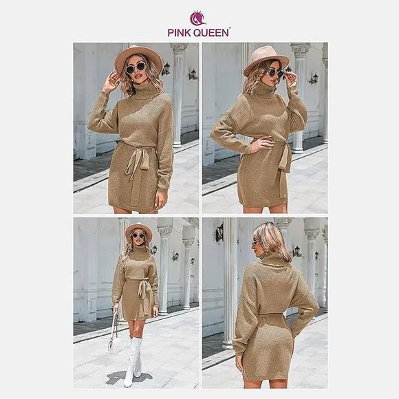 Women's 2024 Fall Sweater Dresses Turtleneck Batwing Khaki
