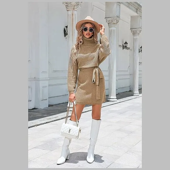 Women's 2024 Fall Sweater Dresses Turtleneck Batwing Khaki