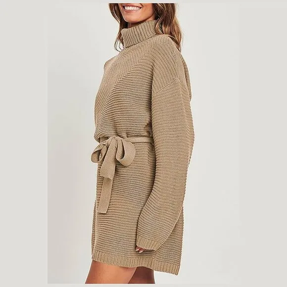 Women's 2024 Fall Sweater Dresses Turtleneck Batwing Khaki