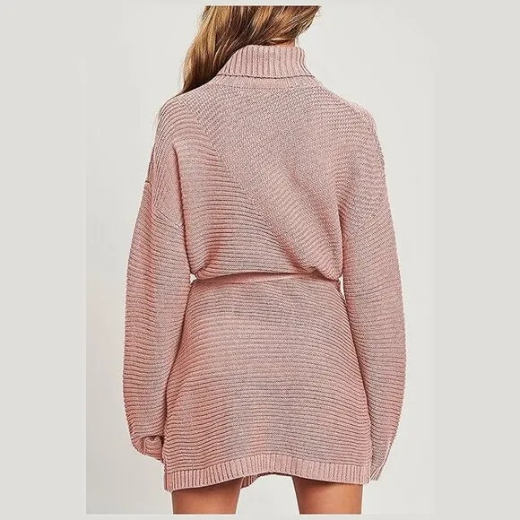 Women's 2024 Fall Sweater Dresses Turtleneck Batwing Pink