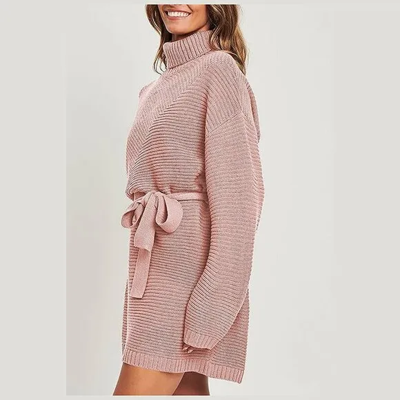 Women's 2024 Fall Sweater Dresses Turtleneck Batwing Pink