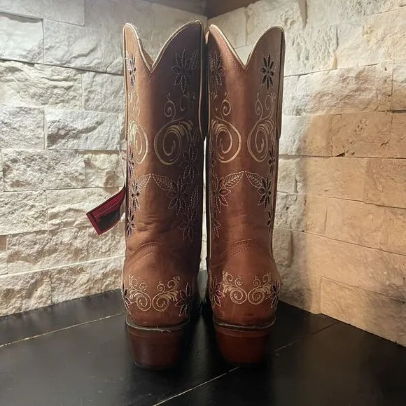 Womens Big Bull Brown Leather Floral Embroidered Cowboy Boot Made In Mex 24/ 5.5