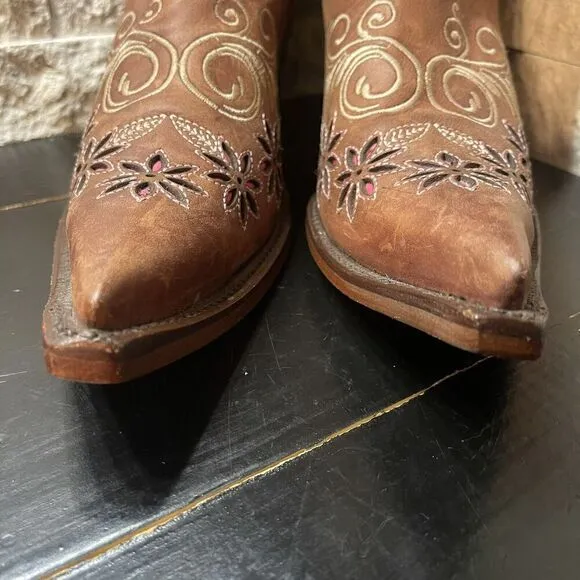 Womens Big Bull Brown Leather Floral Embroidered Cowboy Boot Made In Mex 24/ 5.5
