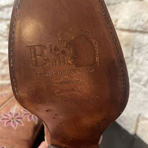 Womens Big Bull Brown Leather Floral Embroidered Cowboy Boot Made In Mex 24/ 5.5