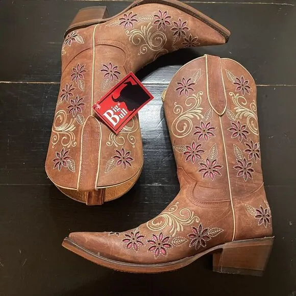 Womens Big Bull Brown Leather Floral Embroidered Cowboy Boot Made In Mex 24/ 5.5