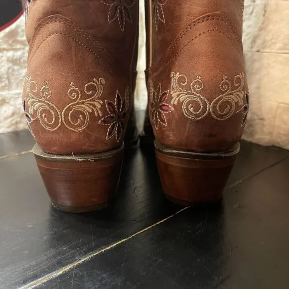 Womens Big Bull Brown Leather Floral Embroidered Cowboy Boot Made In Mex 24/ 5.5