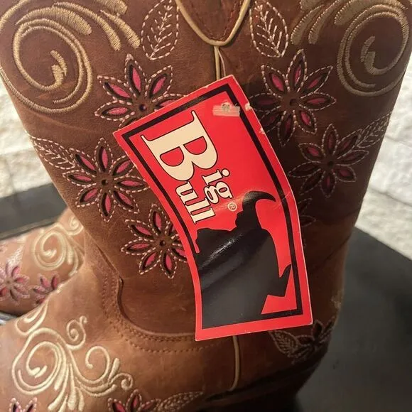 Womens Big Bull Brown Leather Floral Embroidered Cowboy Boot Made In Mex 24/ 5.5