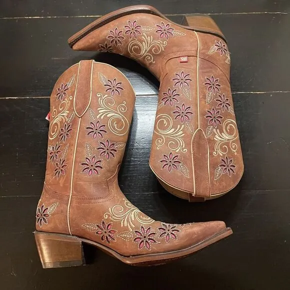 Womens Big Bull Brown Leather Floral Embroidered Cowboy Boot Made In Mex 24/ 5.5