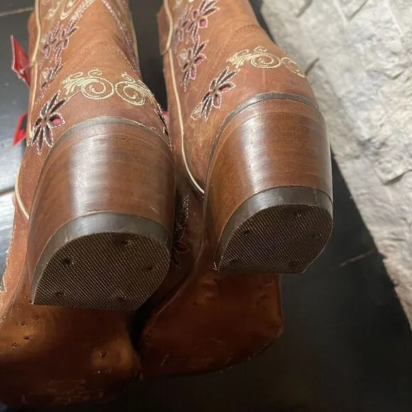 Womens Big Bull Brown Leather Floral Embroidered Cowboy Boot Made In Mex 24/ 5.5