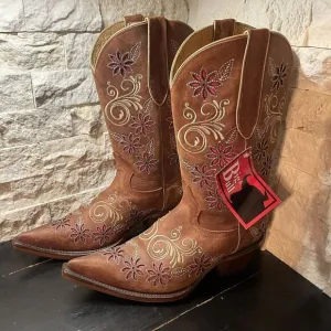 Womens Big Bull Brown Leather Floral Embroidered Cowboy Boot Made In Mex 24/ 5.5