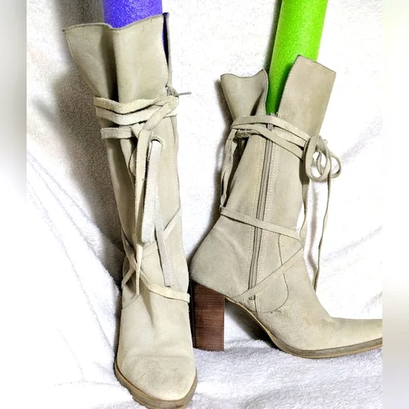 Women's CANDIE'S Cream Suede Heeled Boots, Suede Strap Wrap| Size 9