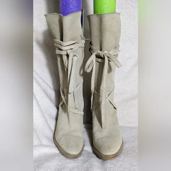 Women's CANDIE'S Cream Suede Heeled Boots, Suede Strap Wrap| Size 9