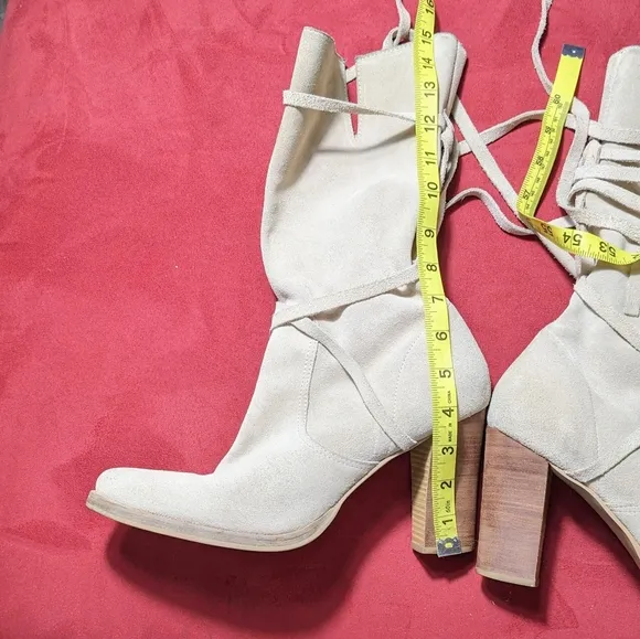 Women's CANDIE'S Cream Suede Heeled Boots, Suede Strap Wrap| Size 9