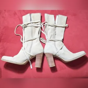 Women's CANDIE'S Cream Suede Heeled Boots, Suede Strap Wrap| Size 9
