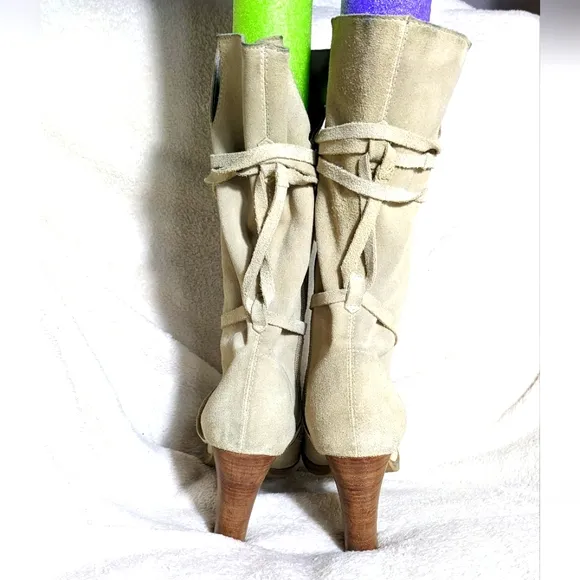 Women's CANDIE'S Cream Suede Heeled Boots, Suede Strap Wrap| Size 9