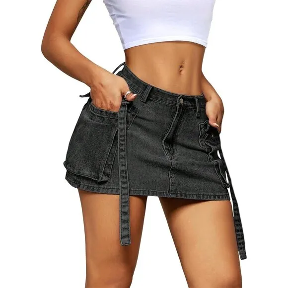 Women's Cargo Skirt Low Waist Button Denim Mini Skirt Summer Y2k Jean Skirt