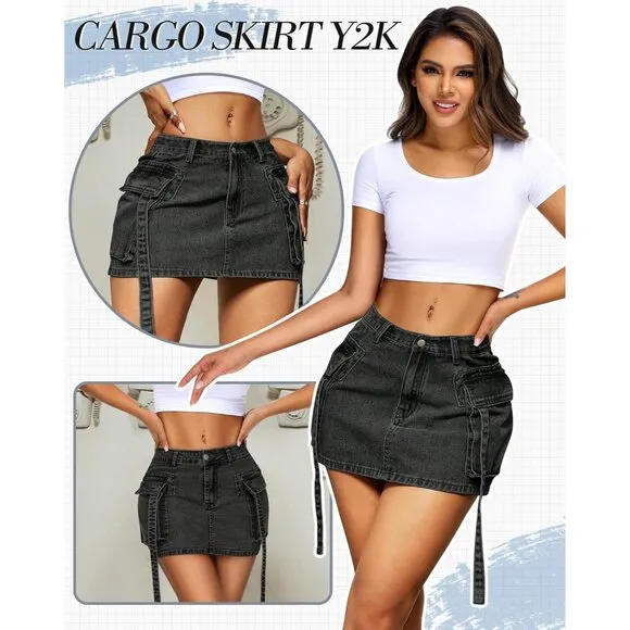 Women's Cargo Skirt Low Waist Button Denim Mini Skirt Summer Y2k Jean Skirt