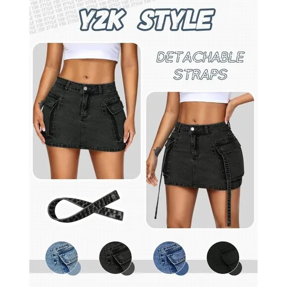 Women's Cargo Skirt Low Waist Button Denim Mini Skirt Summer Y2k Jean Skirt