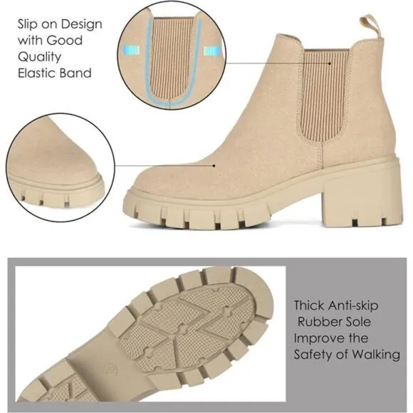 Women's Chelsea Boots Fashion Lug Sole Chunky Heel Slip on Elastic