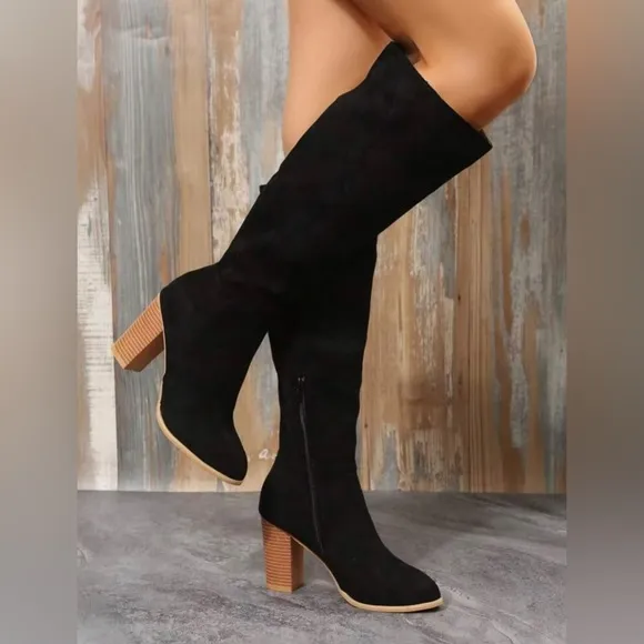 🍁Women's Chunky Heel Western Boots, Knee High, Side Zipper