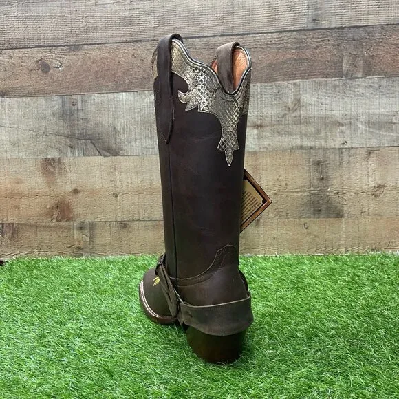 Women's Cowgirl Leather Boots Color Brown and Gold HighHeeled Boots with Harness