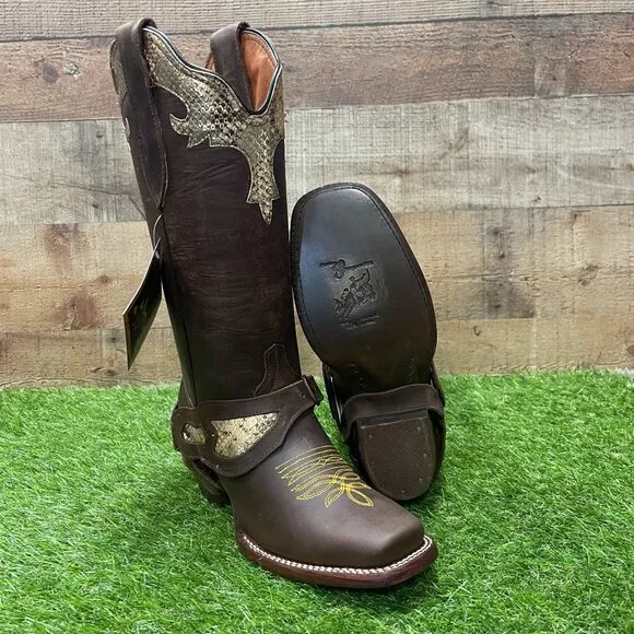 Women's Cowgirl Leather Boots Color Brown and Gold HighHeeled Boots with Harness