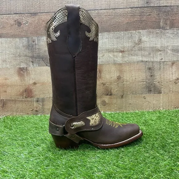 Women's Cowgirl Leather Boots Color Brown and Gold HighHeeled Boots with Harness