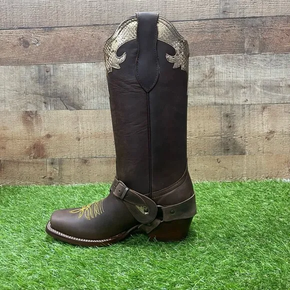 Women's Cowgirl Leather Boots Color Brown and Gold HighHeeled Boots with Harness