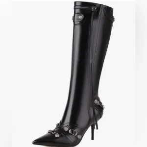 Women’s Fashion Knee High Black Vegan Leather Pointy Toe Stiletto Punk Boots