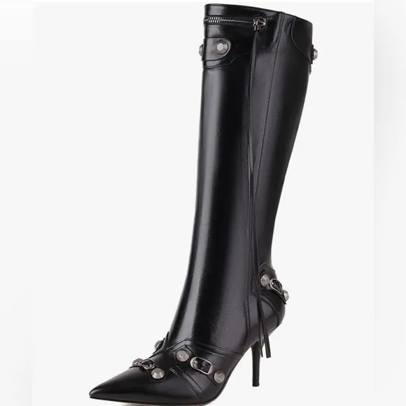 Women’s Fashion Knee High Black Vegan Leather Pointy Toe Stiletto Punk Boots