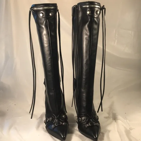 Women’s Fashion Knee High Black Vegan Leather Pointy Toe Stiletto Punk Boots