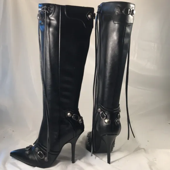 Women’s Fashion Knee High Black Vegan Leather Pointy Toe Stiletto Punk Boots