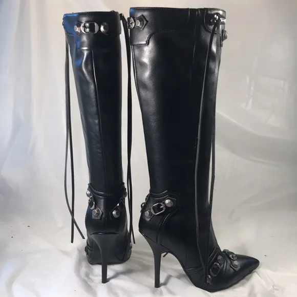 Women’s Fashion Knee High Black Vegan Leather Pointy Toe Stiletto Punk Boots