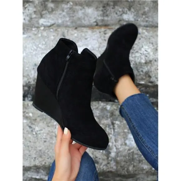 Women's Fashion Nude Boots, Wedge Heel Thick Platform Ankle Boots