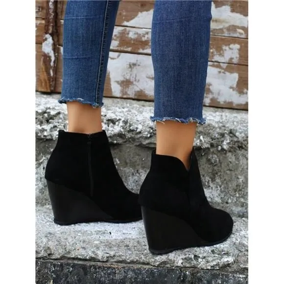 Women's Fashion Nude Boots, Wedge Heel Thick Platform Ankle Boots