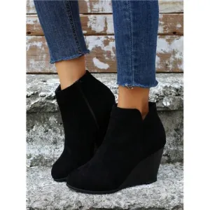 Women's Fashion Nude Boots, Wedge Heel Thick Platform Ankle Boots