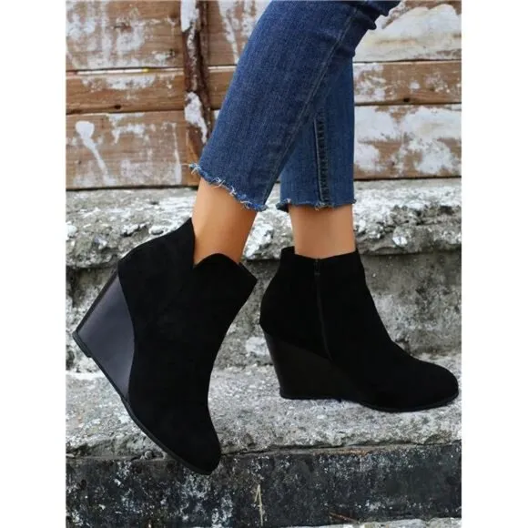 Women's Fashion Nude Boots, Wedge Heel Thick Platform Ankle Boots