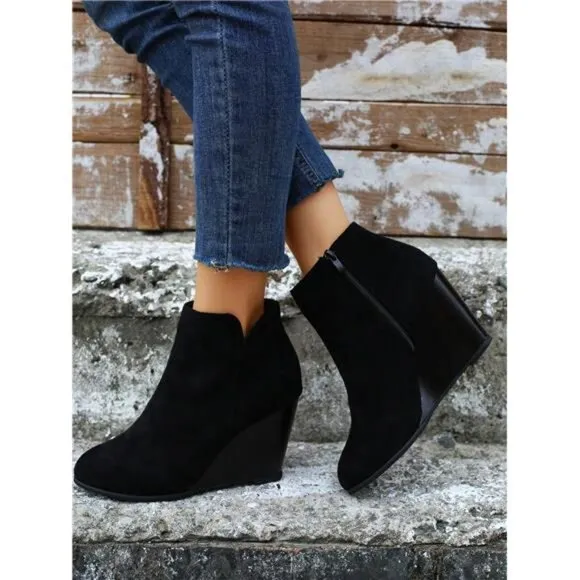 Women's Fashion Nude Boots, Wedge Heel Thick Platform Ankle Boots