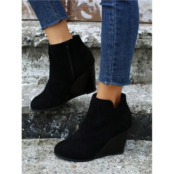 Women's Fashion Nude Boots, Wedge Heel Thick Platform Ankle Boots