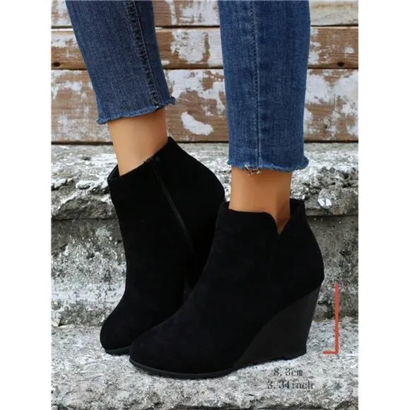 Women's Fashion Nude Boots, Wedge Heel Thick Platform Ankle Boots