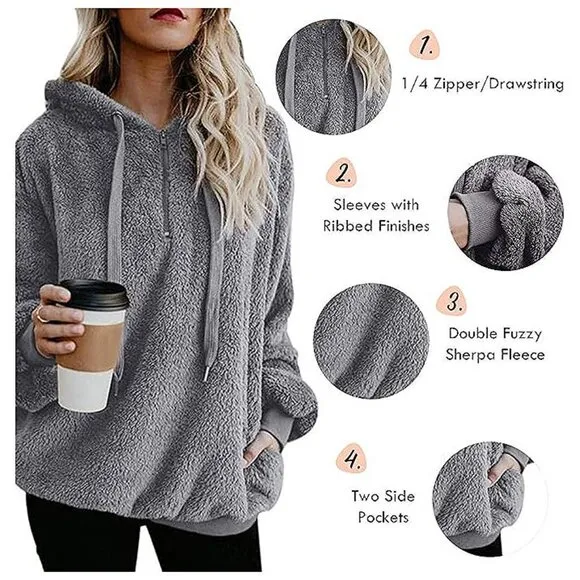 Women's Fuzzy Hoodies Sport Pullover Hoodie Grey